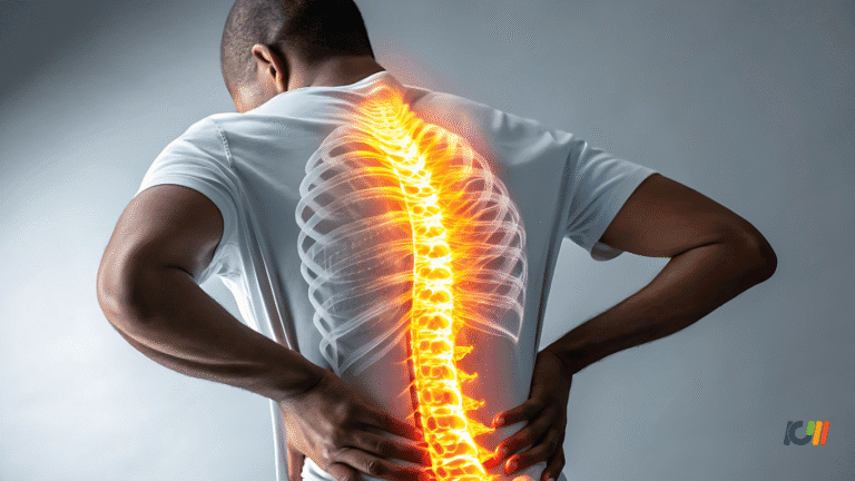 Homem com dor nas costas, evidência de coluna vertebral iluminada.